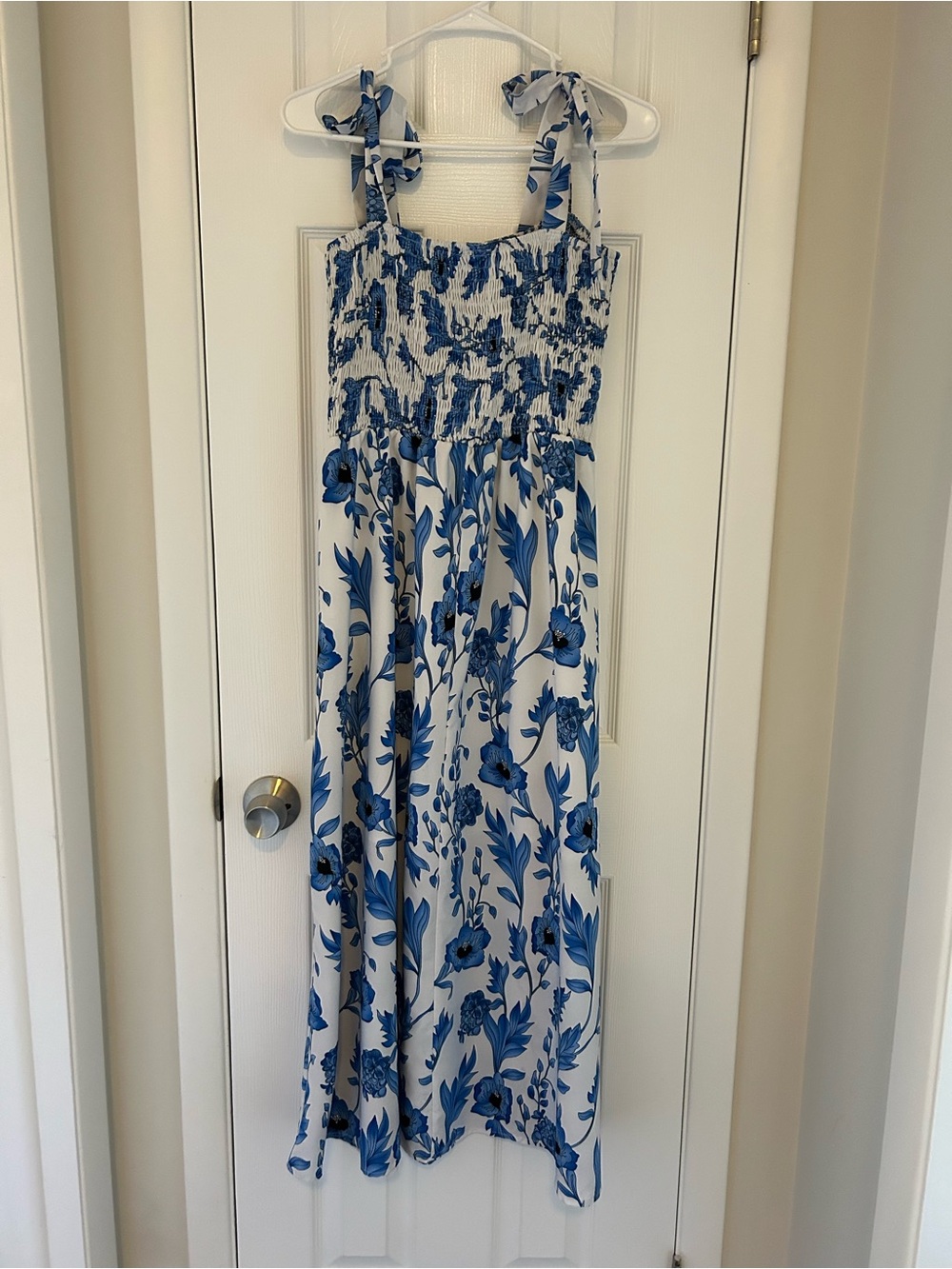 SHEIN White and Blue Floral Smocked Maxi Dress